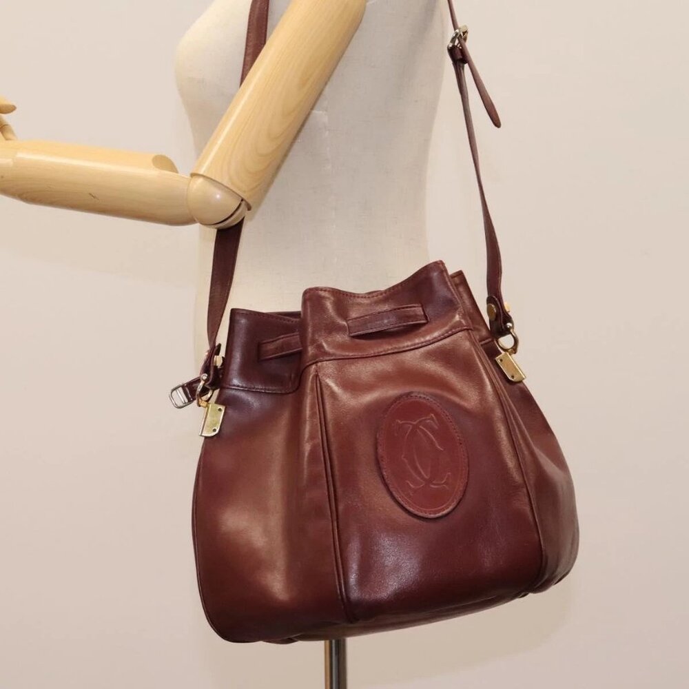 CARTIER Must Line Shoulder Bag Leather Bordeaux Gold Auth